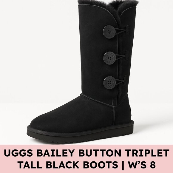 UGG Bailey Button Triplet II Sheepskin Tall Boots Black Wintercore Size 8 Winter - Picture 1 of 13